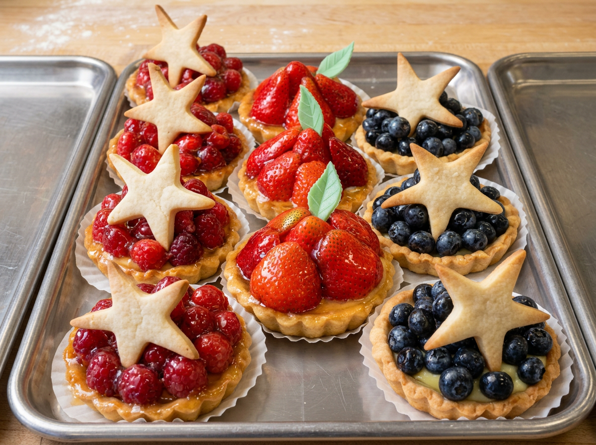 Tartelettes aux fraises, framboises et bleuets avec étoile en pâte sablée